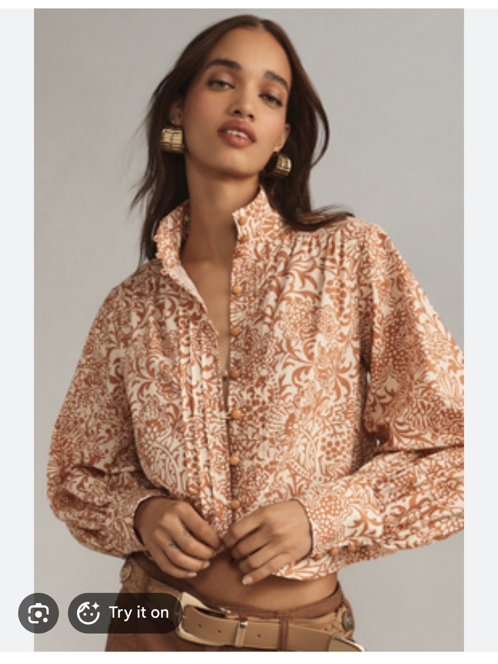Plenty by Tracy Reese Cream and Rust Paisley Pleated Poplin Blouse